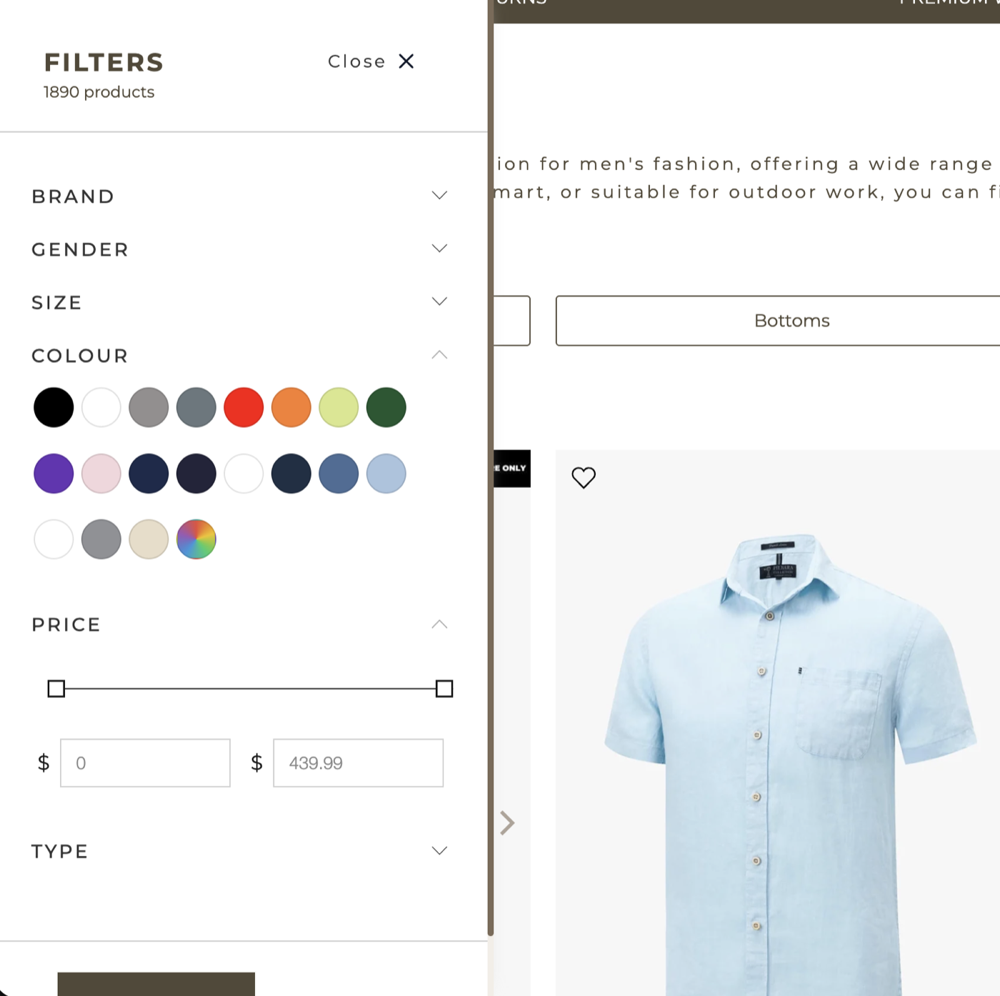 Titleys custom filter sidebar, showing collapsible brand, gender, size and colour groups with 20 colour swatches and a price range slider